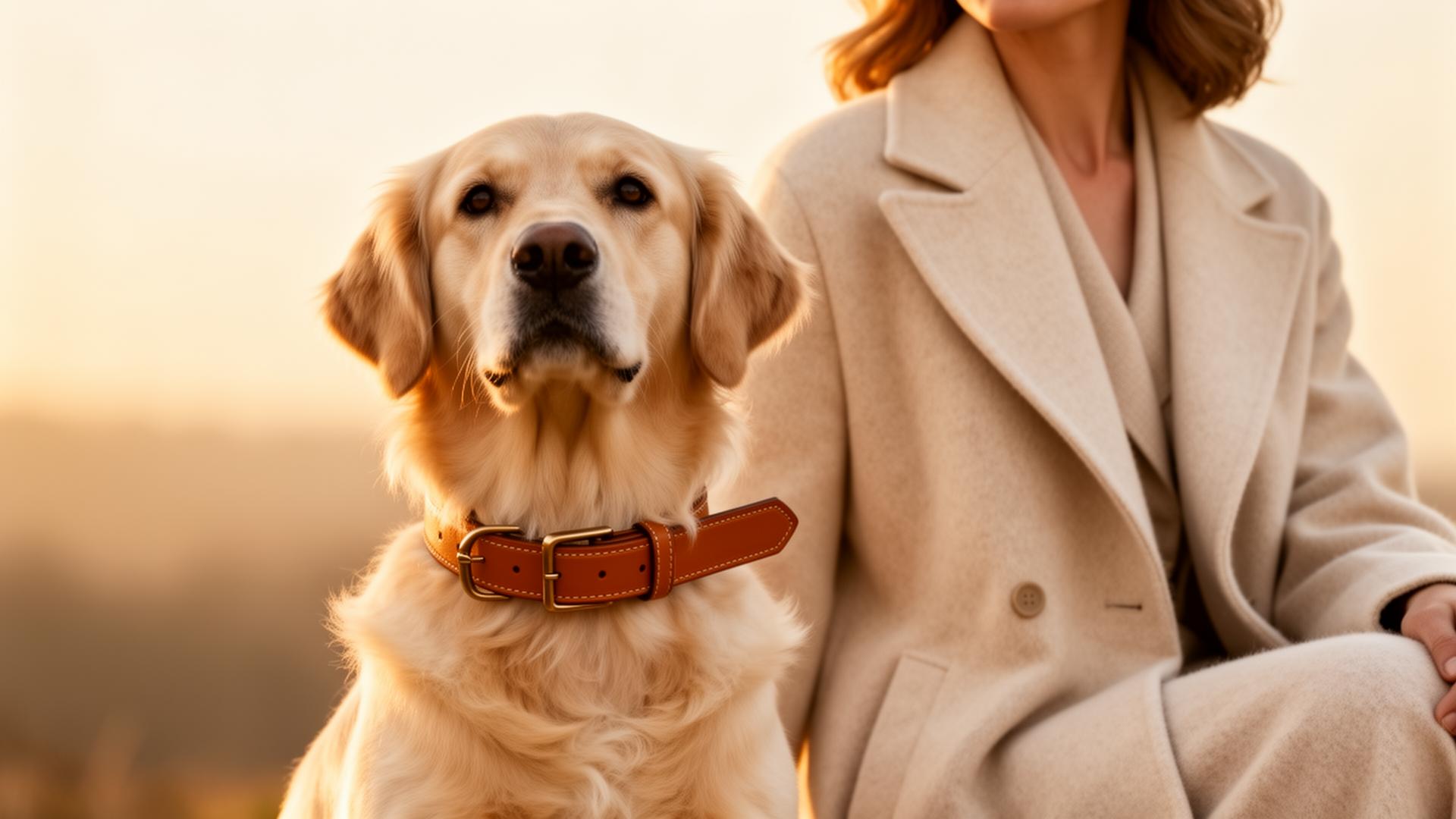 A golden retriever wearing a Valoria leather collar at golden hour