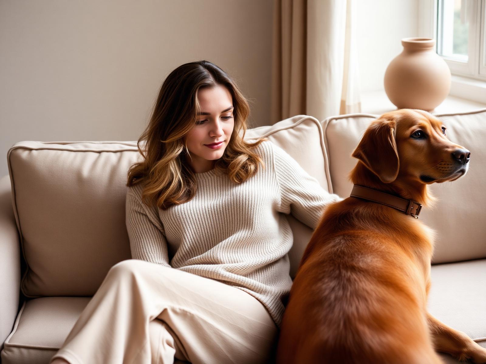 A woman relaxes on a linen sofa with her golden retriever wearing a Snouty collar